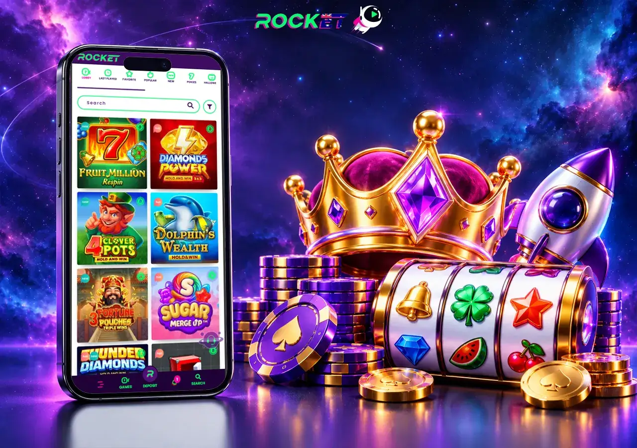 A phone’s pokies lobby shines beside a slot machine, crown and golden chips